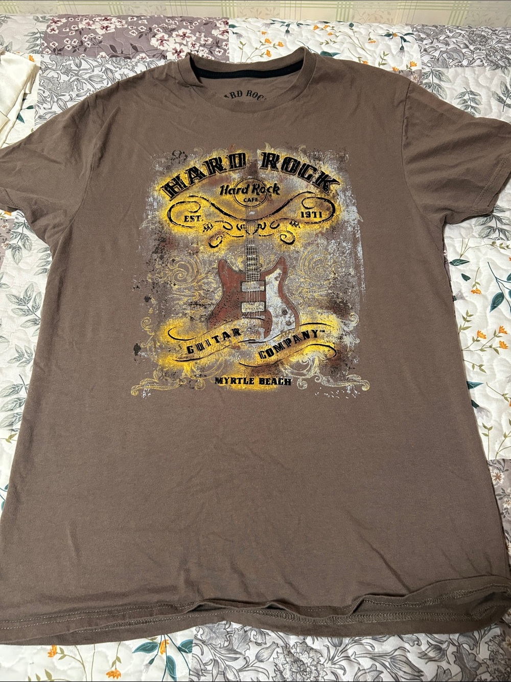 Hard Rock Cafe Brown Graphic Tee with Yellow Accents